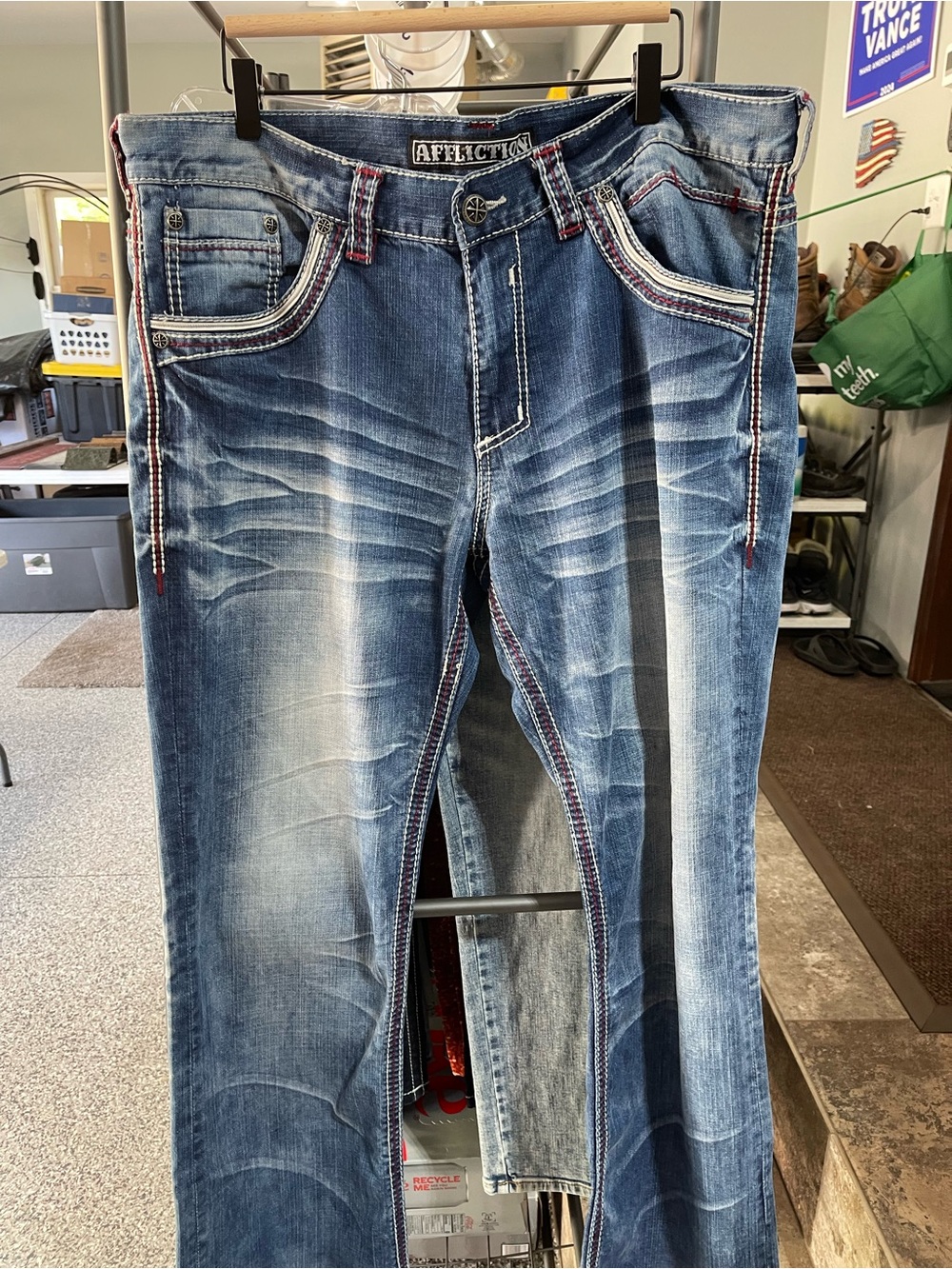 Affliction Men's Distressed Blue Bootcut Jeans with Red Contrast Stitching
